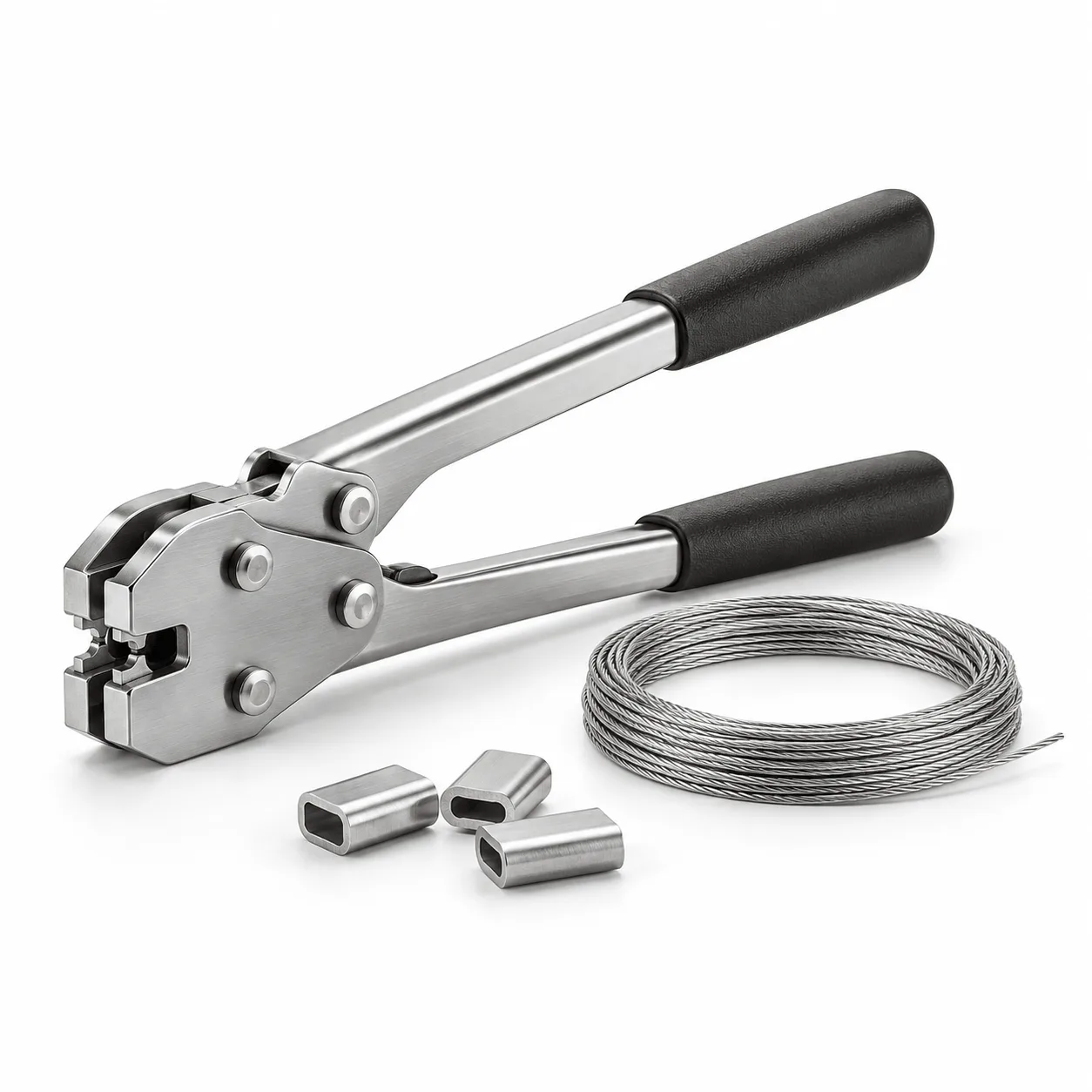 Rankinis metalinis plombavimo įrankis, plieninis trosas ir metalinės movos