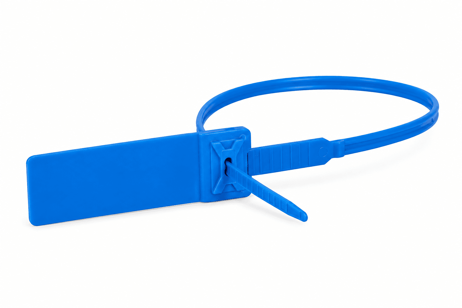 Mėlyna juostinė plastikinė plomba Strap 300 su numeriu baltame fone
